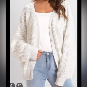 Qualfort 100% cotton white chunky long balloon sleeve cardigan knit sweater L